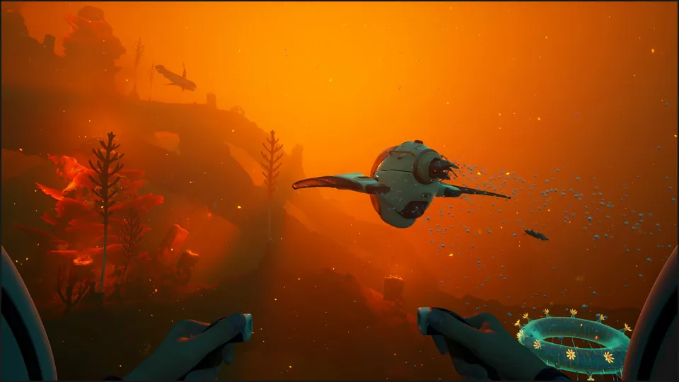 The Tadpole submersible glides through murky orange water past tall plants in Subnautica 2
