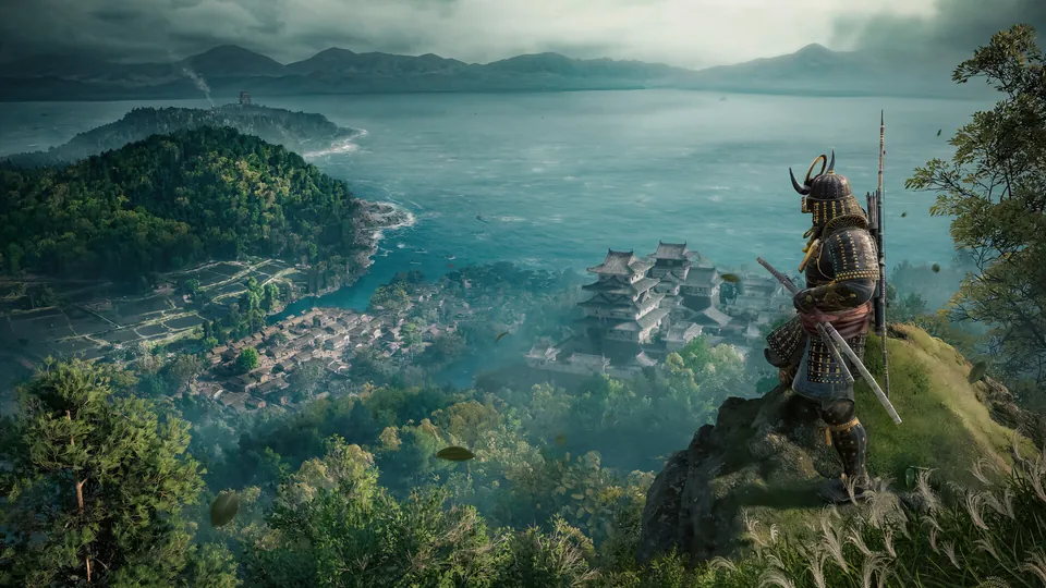 Yasuke in samurai armor looks out from a hilltop over the island of Awaji and its castle