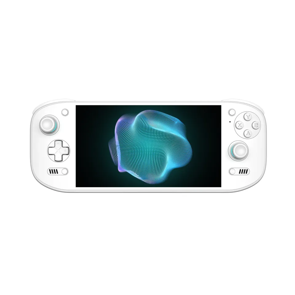 The white AYN Odin 3 Portal handheld from the front, with white sticks, a white D-pad and a dark 7-inch screen