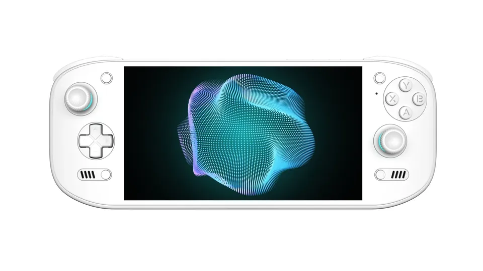 The white AYN Odin 3 Portal handheld from the front, with white sticks, a white D-pad and a dark 7-inch screen