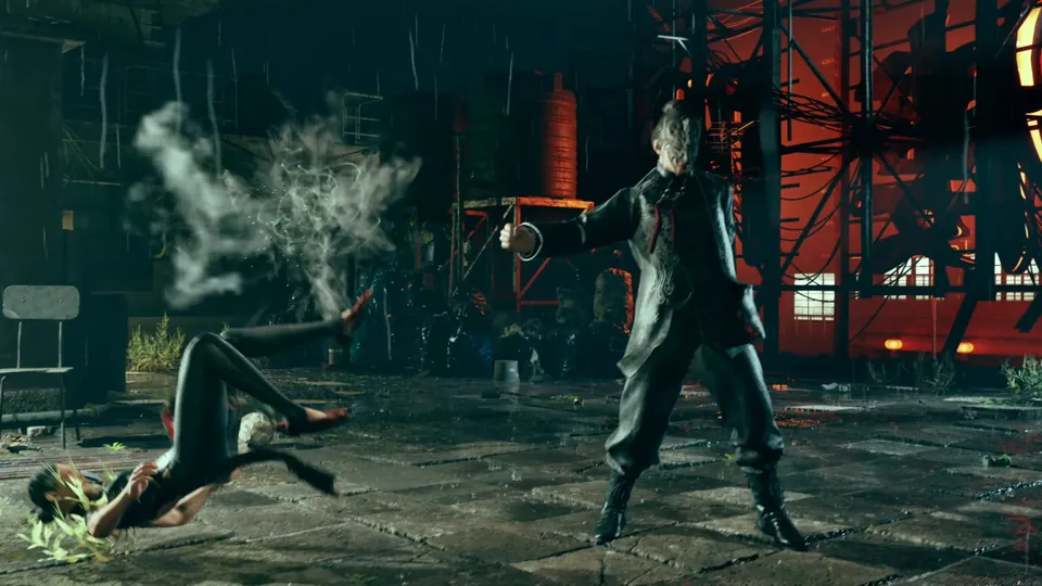 A masked fighter in black stands over an opponent knocked to the ground on a wet rooftop