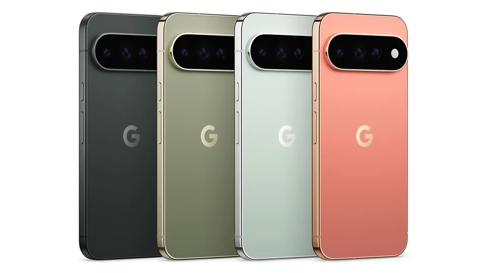Pixel 11 Pro and Pixel 11 Pro XL from the back in Obsidian, Olive, Fog and Canyon
