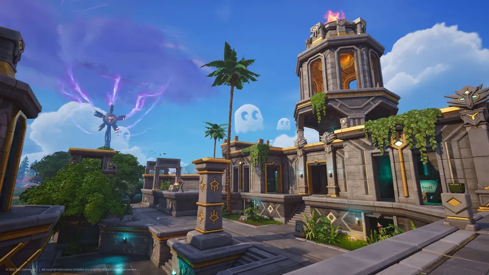 A temple-like landmark under a purple storm sky on the Fortnite island