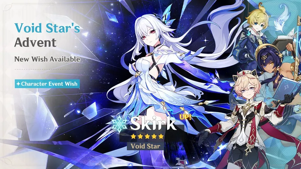 Genshin Impact Void Star's Advent wish banner featuring the 5-star Cryo character Skirk
