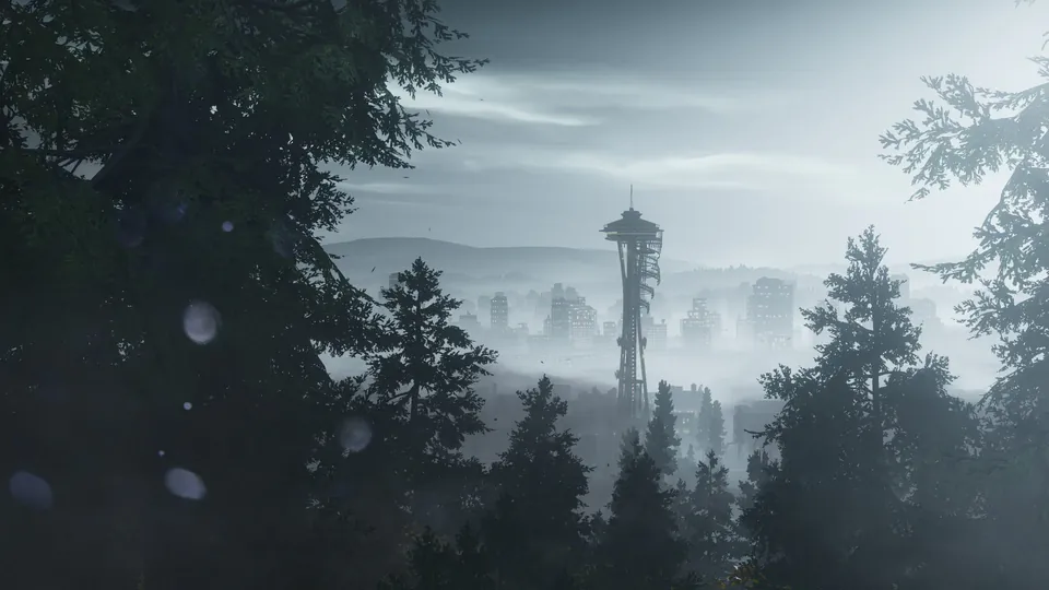 The Space Needle rises over foggy evergreen forest in inFamous Second Son
