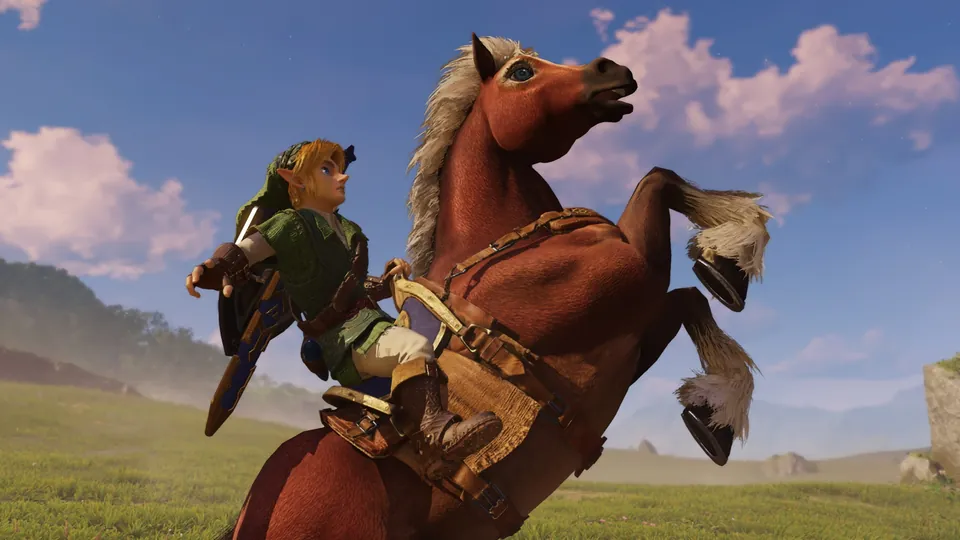 Adult Link rides Epona across Hyrule Field