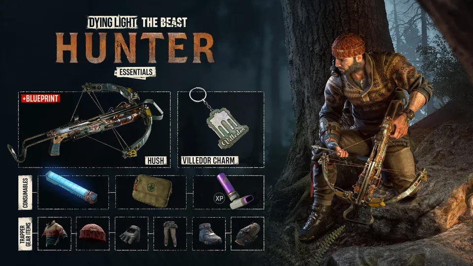 Hunter Essentials art showing the Hush crossbow, the Villedor charm, consumables and the Trapper gear set.