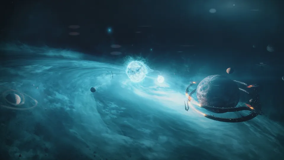 Warframe: Tau image: a binary star system with ringed planets in a glowing blue nebula