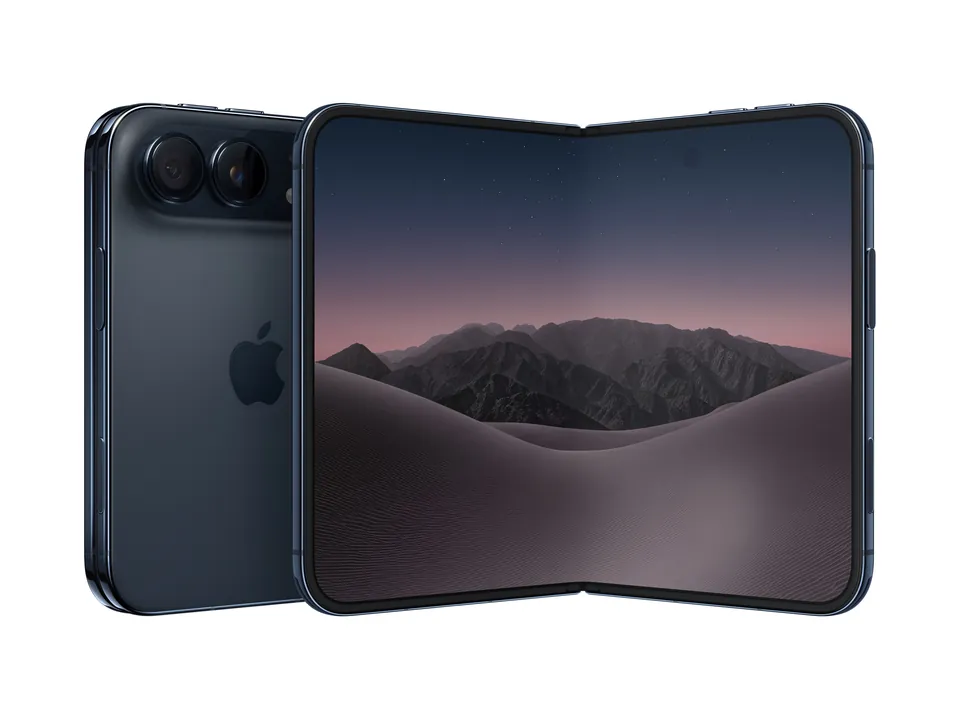 A night sky iPhone Duo half open, its deep blue back and dark titanium frame beside the inner screen
