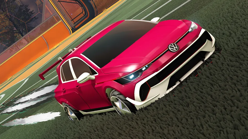 A purple and pink Rocket League car flies over a stadium crowd at night