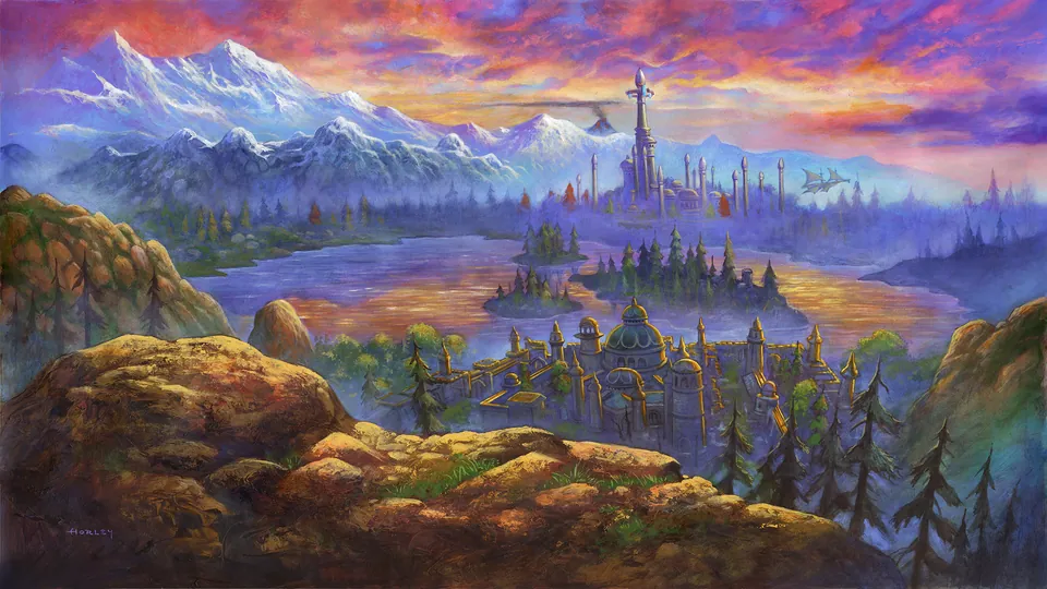 A painted Azeroth landscape at sunset with snowy peaks, a lake and a city of spires among pine forests