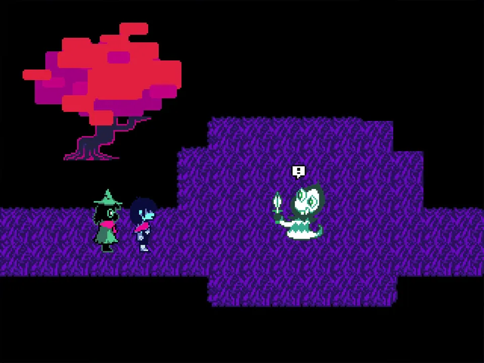 Kris and Ralsei walk across a purple field toward a small green character under a red tree