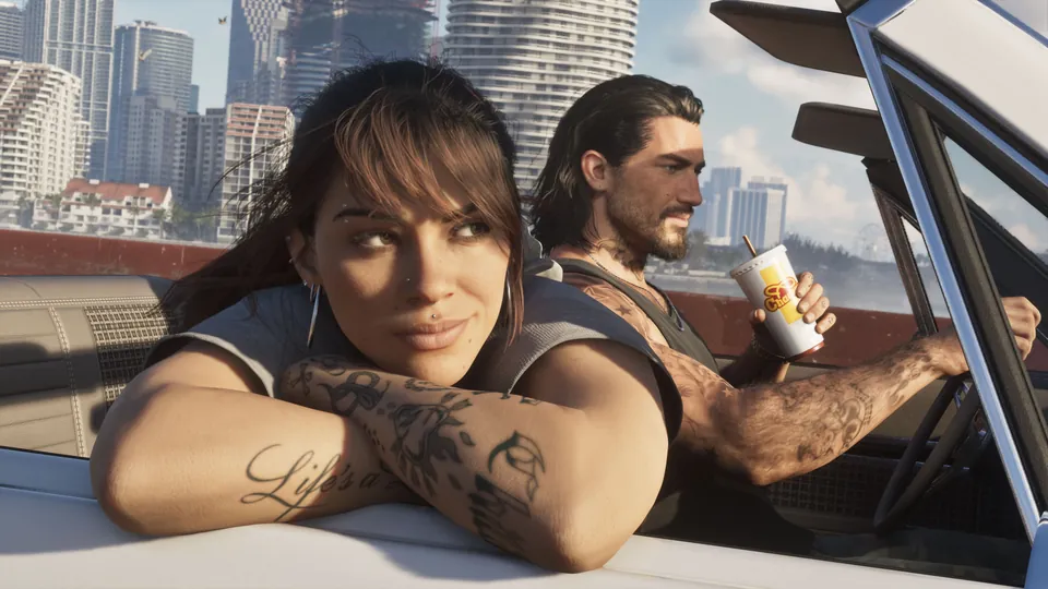 Lucia and Jason drive through Vice City in a convertible