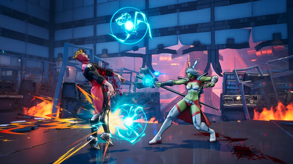 A fighter with a glowing staff fires energy at an opponent inside a damaged, burning lab in Invincible VS