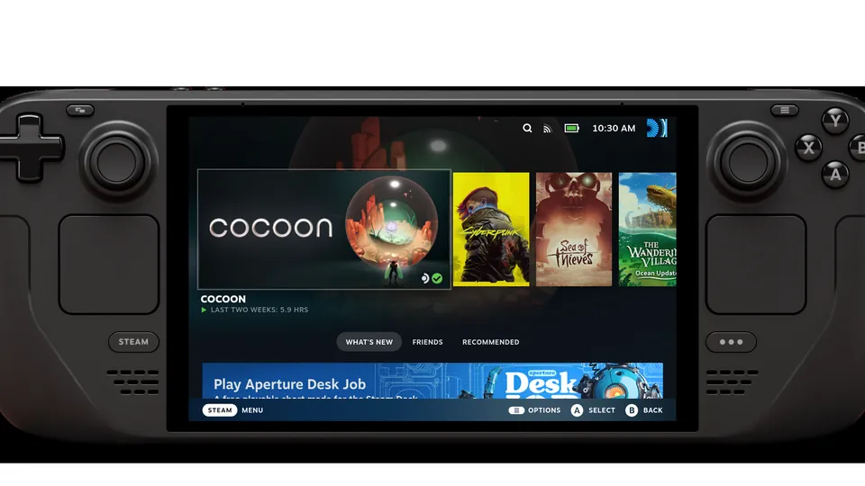 A black Steam Deck seen from the front with the Steam library on its screen