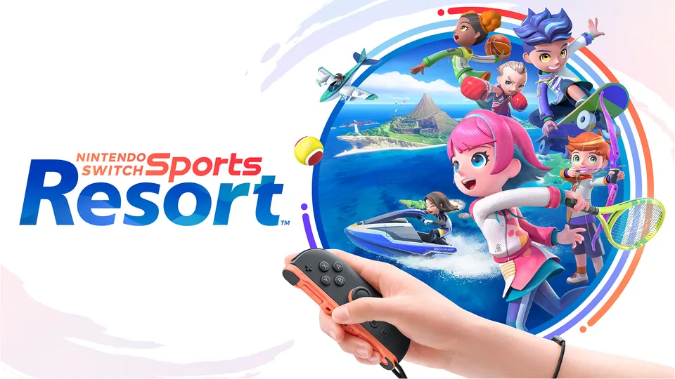 Nintendo Switch Sports Resort key art: players on a jet ski, a tennis court and a boxing ring, with a hand holding a Joy-Con