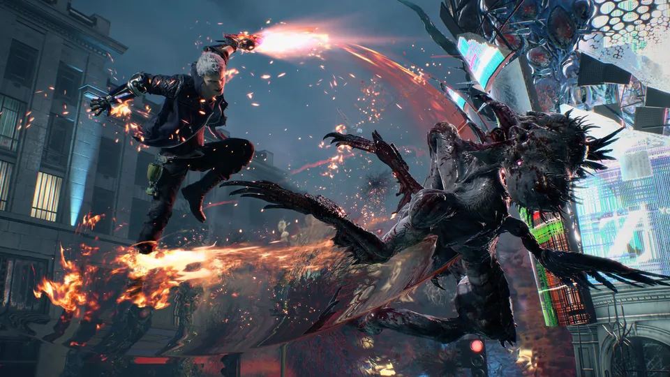 A fighter leaps through the air firing a flaming weapon at a winged demon in a city street in Devil May Cry 5