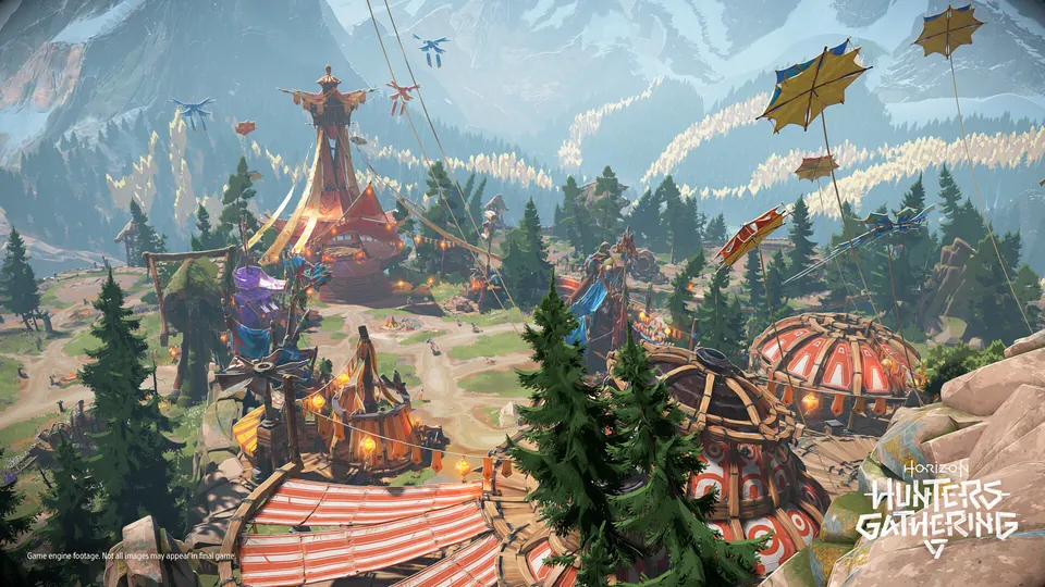 A hilltop camp of wooden towers, tents and banners serves as the shared social hub in Horizon Hunters Gathering