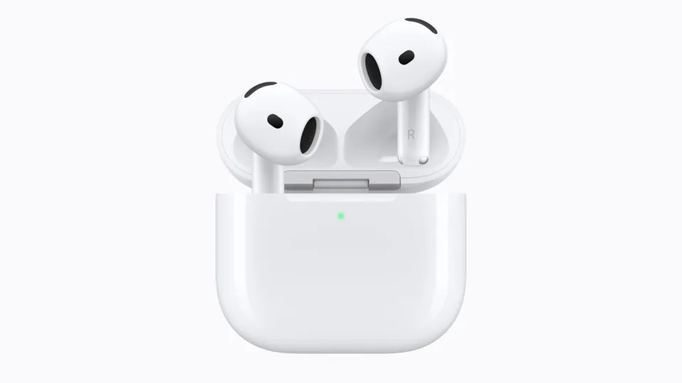 AirPods 5 earbuds above their open white charging case