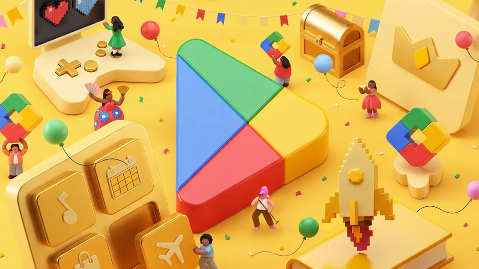 A festive yellow scene with the Google Play logo, a game controller, balloons and tiny figures celebrating