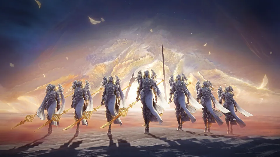 A row of identical armored warriors with golden spears marches under a bright sky