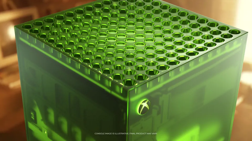 Close-up of the translucent green top vents and glowing Xbox logo on the Xbox Series X25 Limited Edition