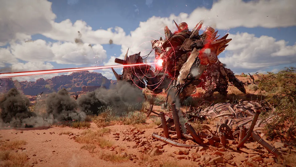 A huge spiked creature fires a red beam across a red desert in Crimson Desert: Charting the Unknown