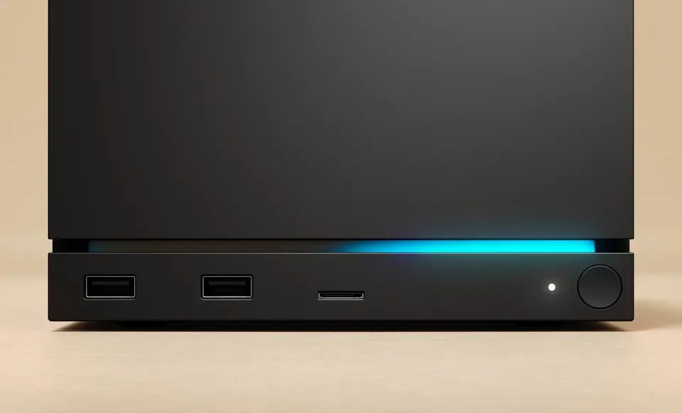 Close-up of the Steam Machine front panel with a glowing blue light bar
