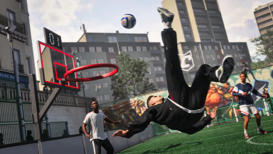 A player in a tracksuit attempts a bicycle kick on a street pitch beside a basketball hoop in The Grounds