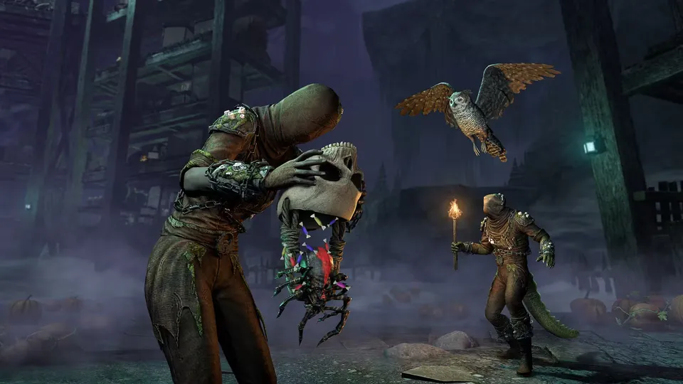 A hooded ESO character opening a Plunder Skull full of loot while an owl swoops past a torch bearer