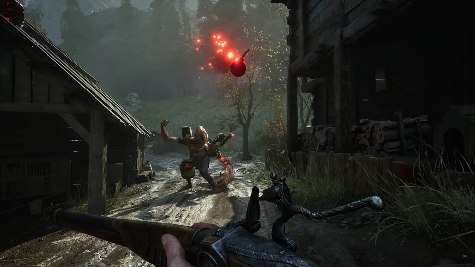 The player aims a pistol at a lunging monster in a rainy village street in Valor Mortis