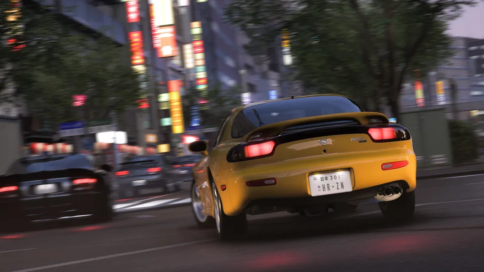 A yellow sports car drives past neon signs on a Tokyo street at night