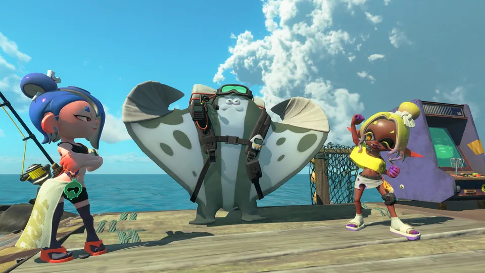 The Deep Cut trio of Shiver, Big Man and Frye stands on a sunny wooden dock by the sea in Splatoon Raiders