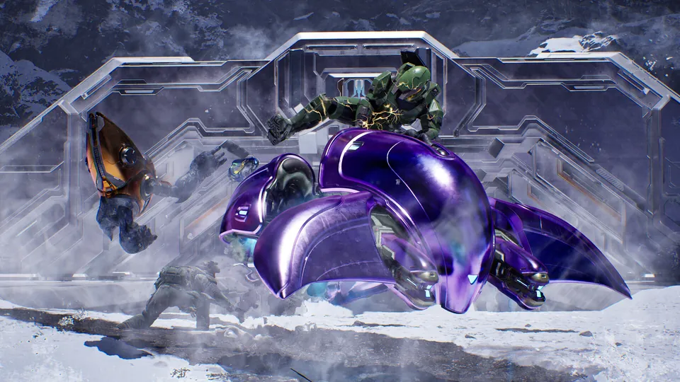 The Master Chief rides a purple Ghost across a snowy base in Halo: Campaign Evolved