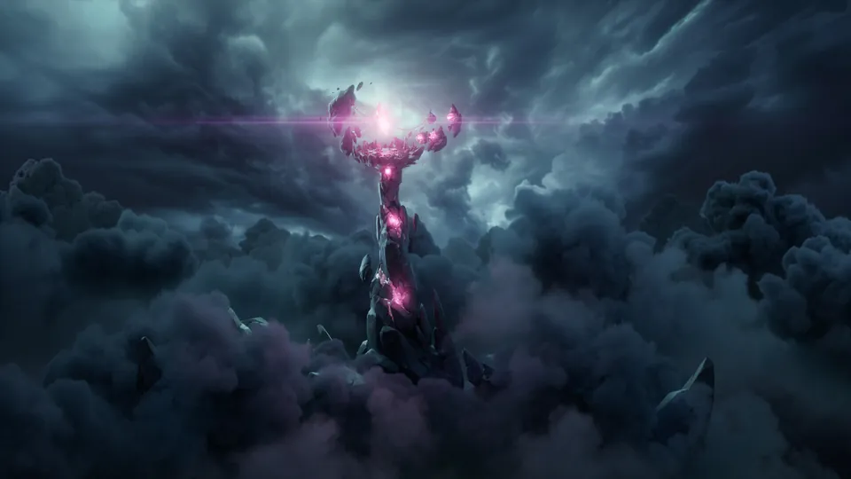 A dark spire glowing with pink light rises through storm clouds in Spyro: A Realm Beyond