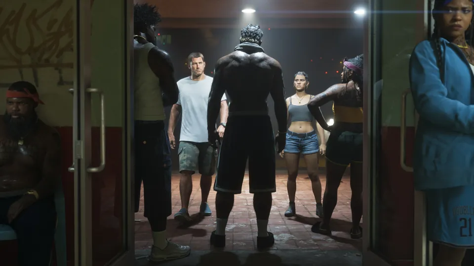 Jason, Lucia and a masked crew standing in a dim warehouse doorway
