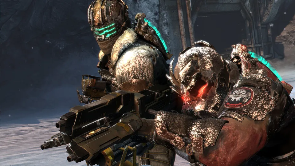 Two armored engineers fight side by side on a snowy planet in Dead Space 3