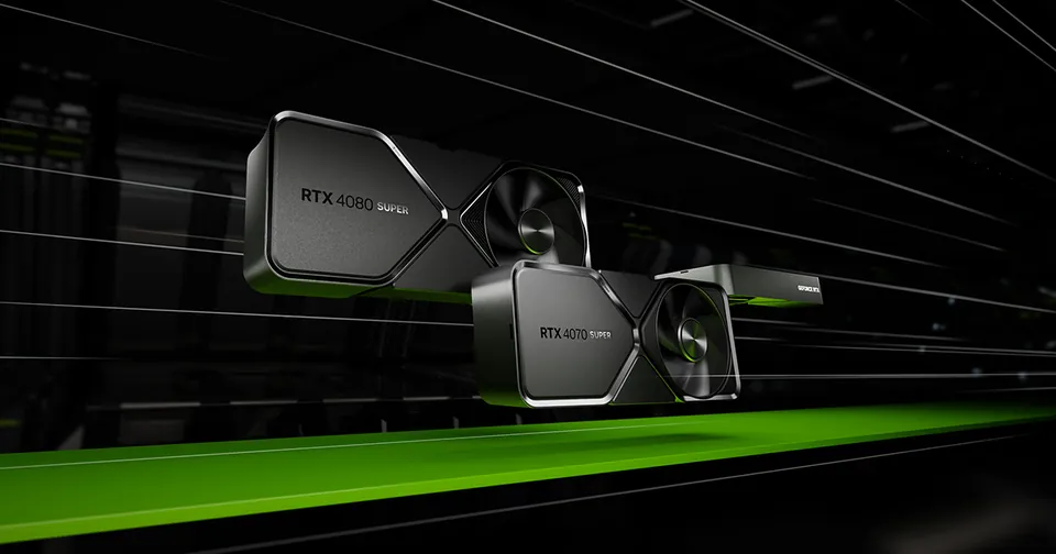 Two RTX 40 Super graphics cards side by side on a dark stage with green light