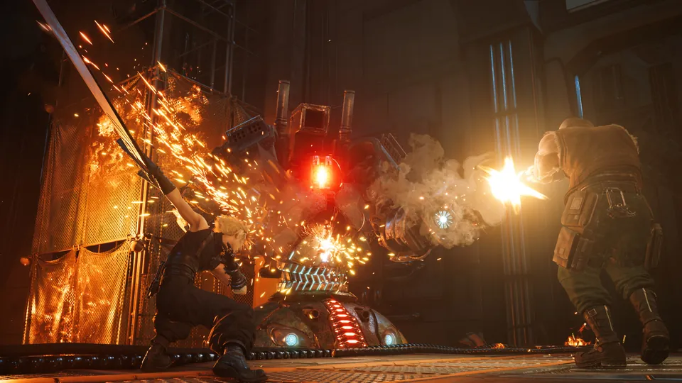 Cloud slashes a large red-eyed machine with the Buster Sword as Barret fires the gun arm amid sparks in Final Fantasy VII Remake Intergrade