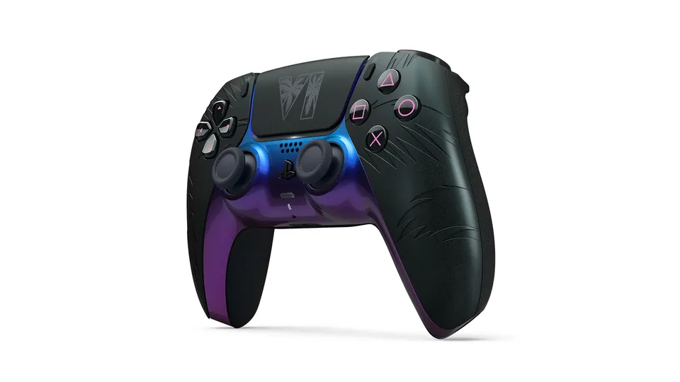 The black GTA VI DualSense controller at an angle, showing palm leaf details molded into the grips