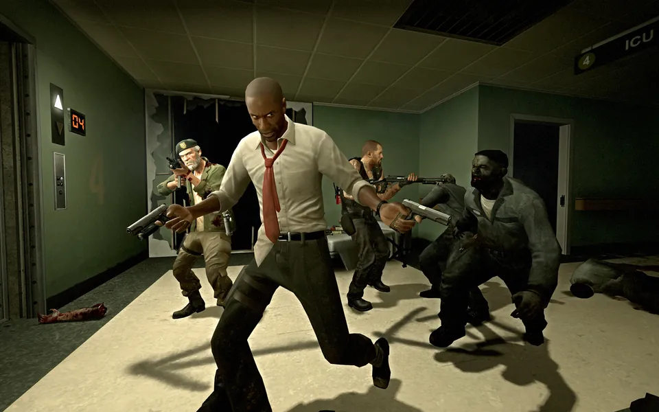 Survivors run through a hospital corridor as zombies close in, in the original Left 4 Dead
