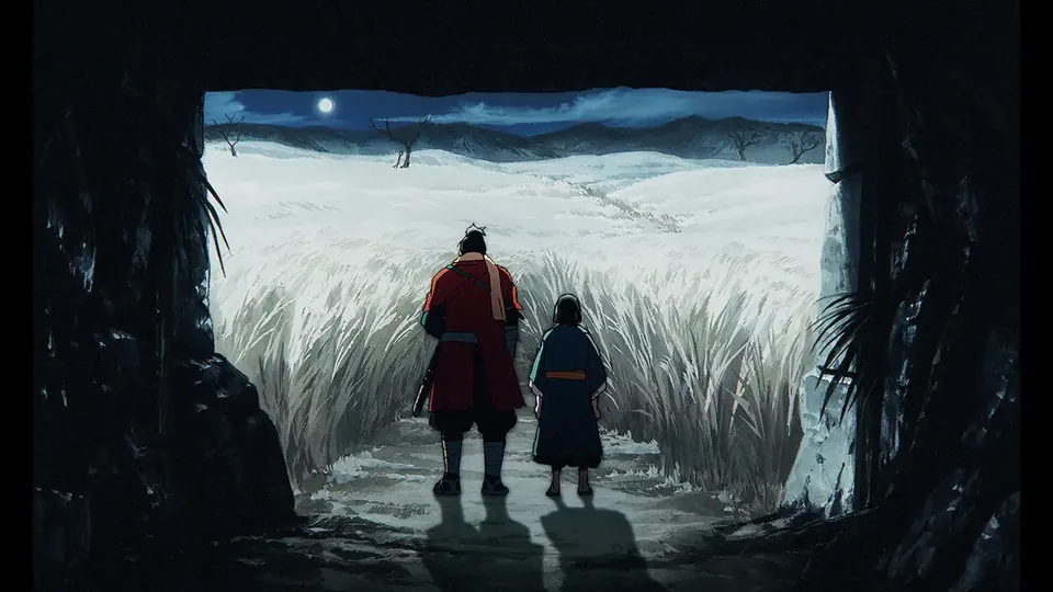 Two figures walk out of a dark cave into a snowy field of tall grass under a night sky in Sekiro: No Defeat