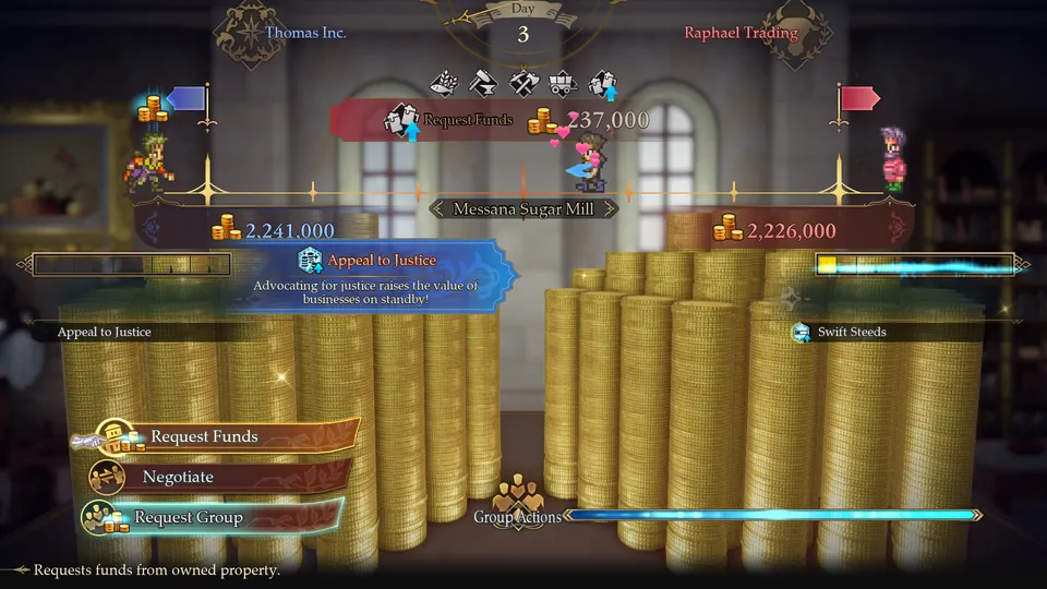 The trading game screen with stacks of gold coins and a negotiation menu in Romancing SaGa 3: Destinies United