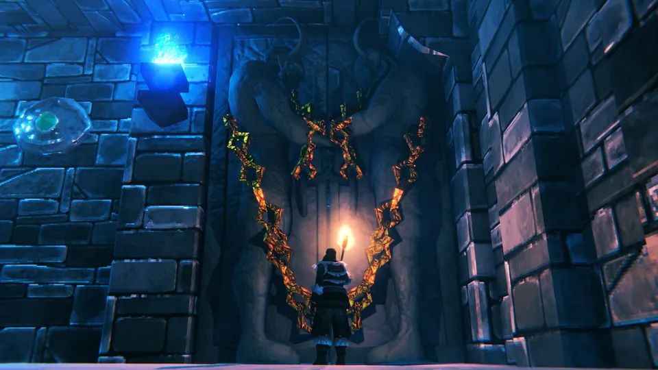 A Viking with a torch stands before a chained gate in a stone dungeon