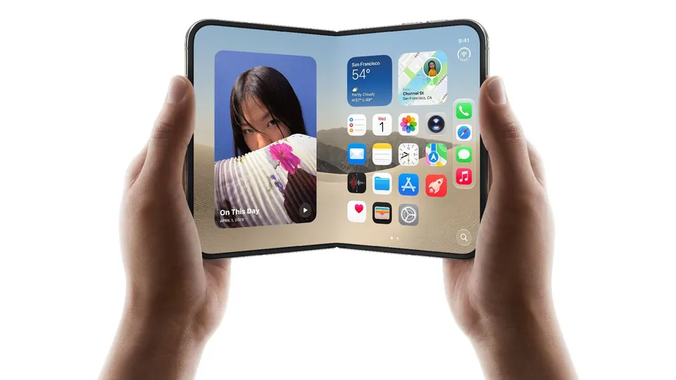Two hands hold an open iPhone Duo sideways, its inner screen showing a home screen with a photo widget and app icons