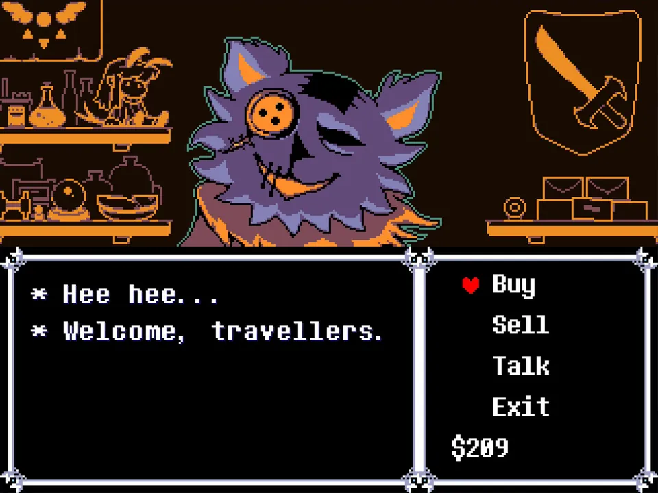 A patched purple cat shopkeeper greets travelers in a shop, with Buy, Sell, Talk and Exit options