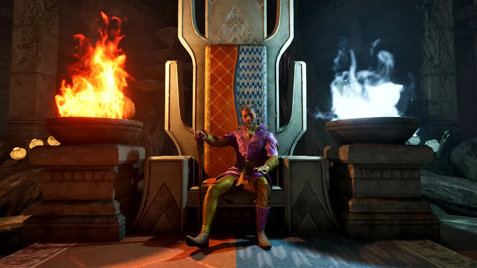 A figure in a purple and gold outfit sits on a tall throne between braziers of orange and white fire
