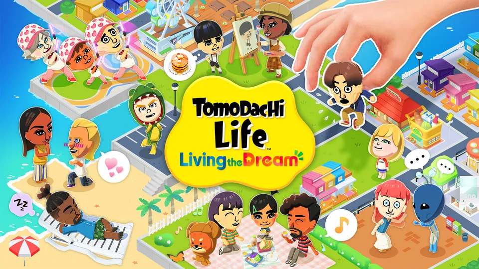 Tomodachi Life: Living the Dream key art with Mii characters around an island town and a hand placing a Mii