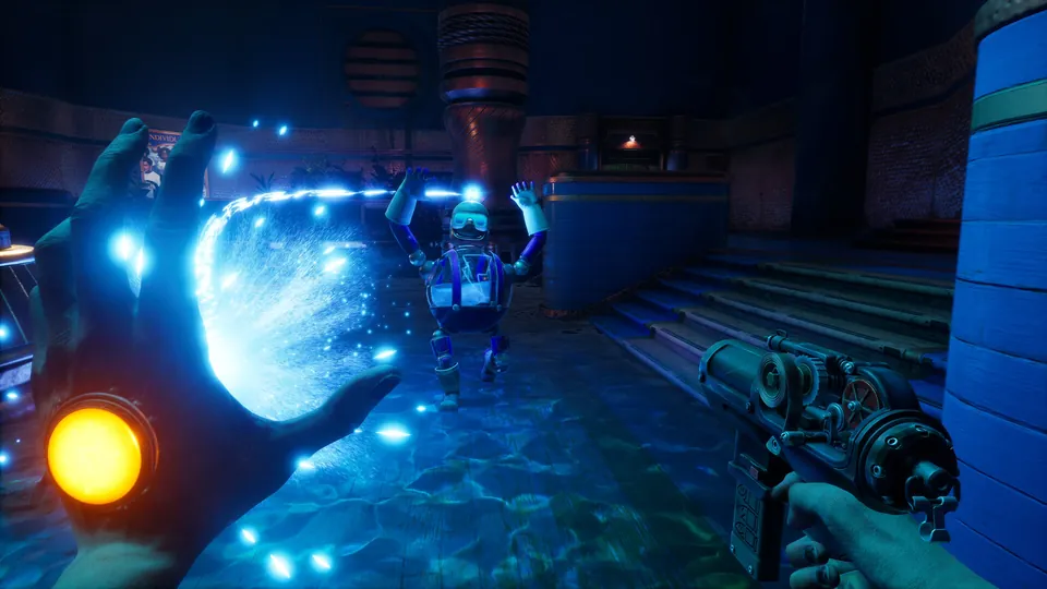 The player charges a blue energy orb in one hand as a robot approaches in Judas