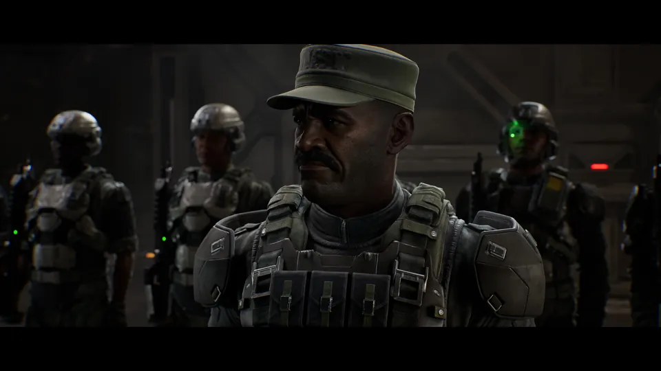 Sgt. Johnson stands in front of a group of marines in Halo: Campaign Evolved